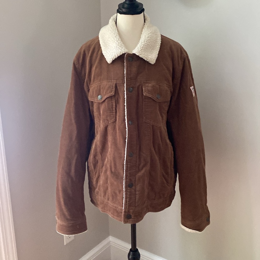 Guess corderoy large faux shearling quilted trucker jacket snap front brown